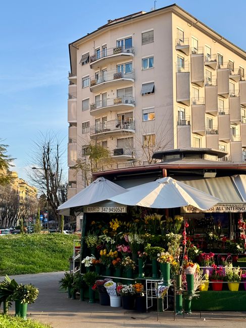 A vibrant flower stall situated outdoors in front of a multi-storey residential building with white and beige facade. The stall features a large white canopy providing shade for an array of fresh and 